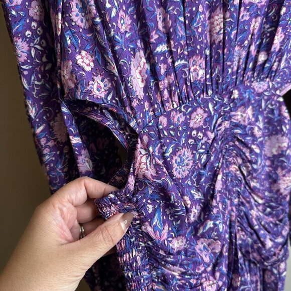 Maje Floral Mini Dress Size 38 UK 10 $445 Purple Georgette Smocked Cut Out Boho - Picture 11 of 16